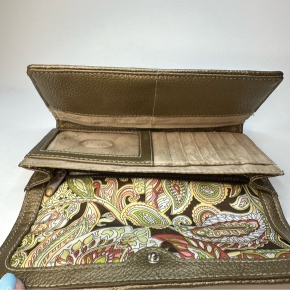 Tignanello Leather & Canvas Trifold Wallet Clutch Monogram T Brown Tan Paisley - Picture 7 of 11